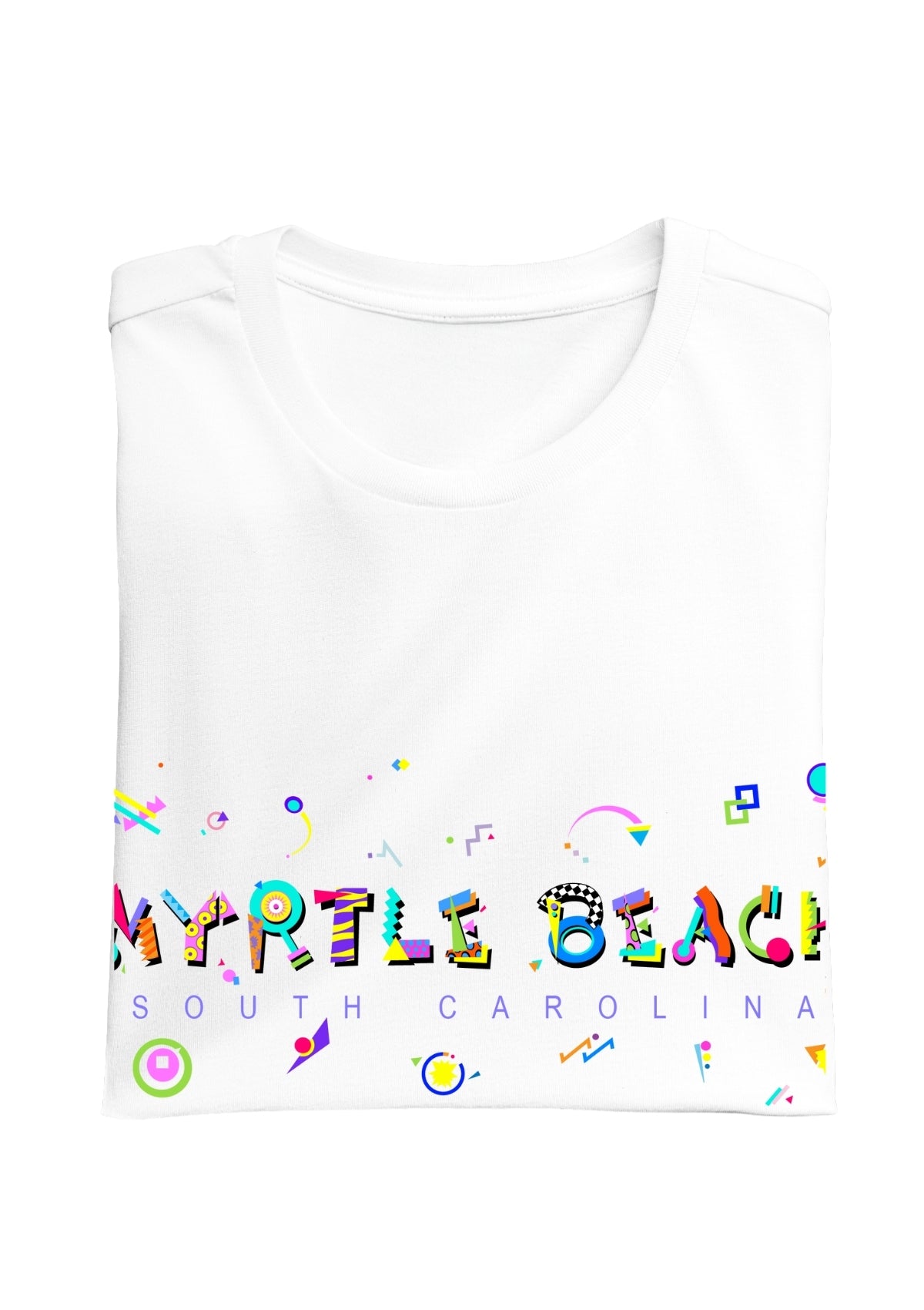 MYRTLE BEACH, SOUTH CAROLINA, colorful Memphis Style Font on white folded tee