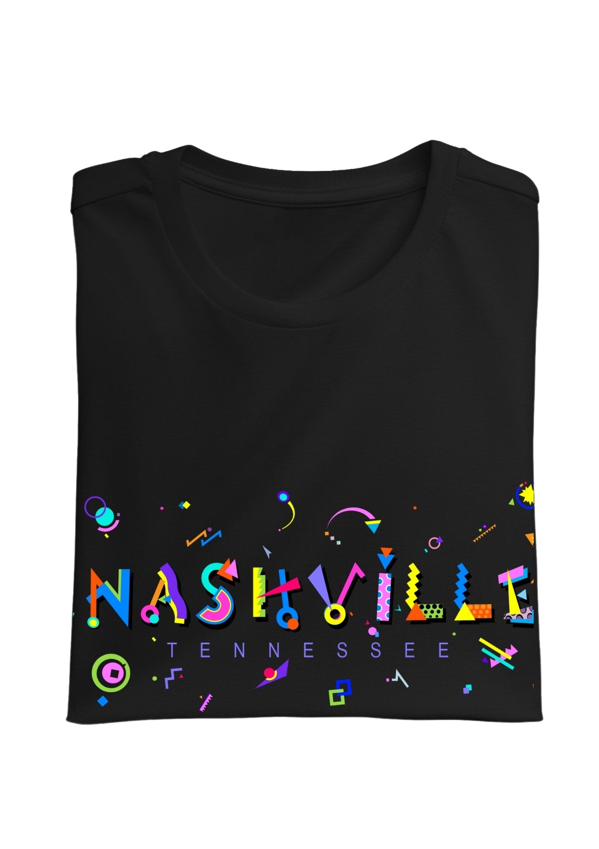 NASHVILLE, TENNESSEE, printed colorful Memphis font black folded tee