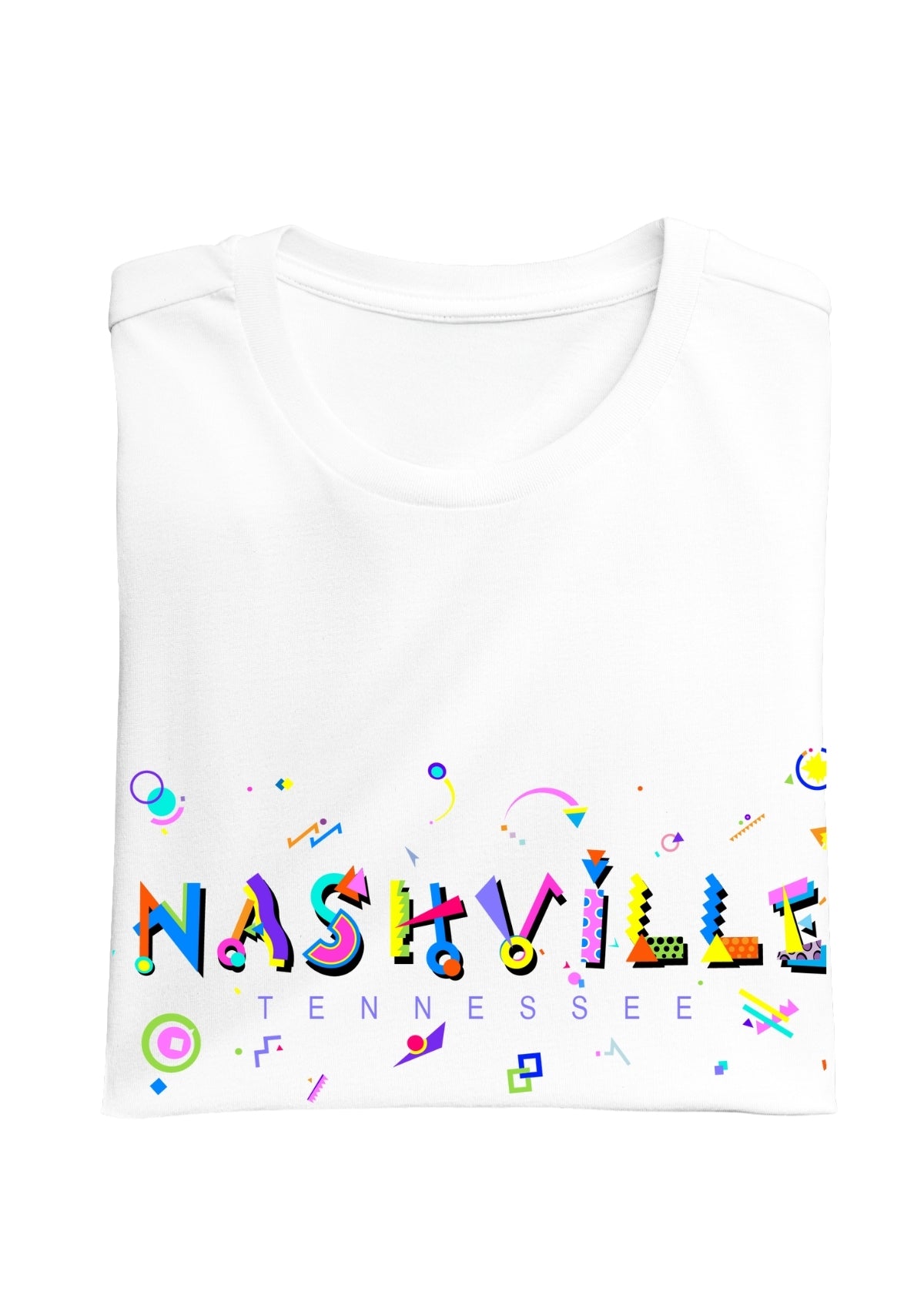 NASHVILLE, TENNESSE, colorful Memphis Style Font on white folded tee