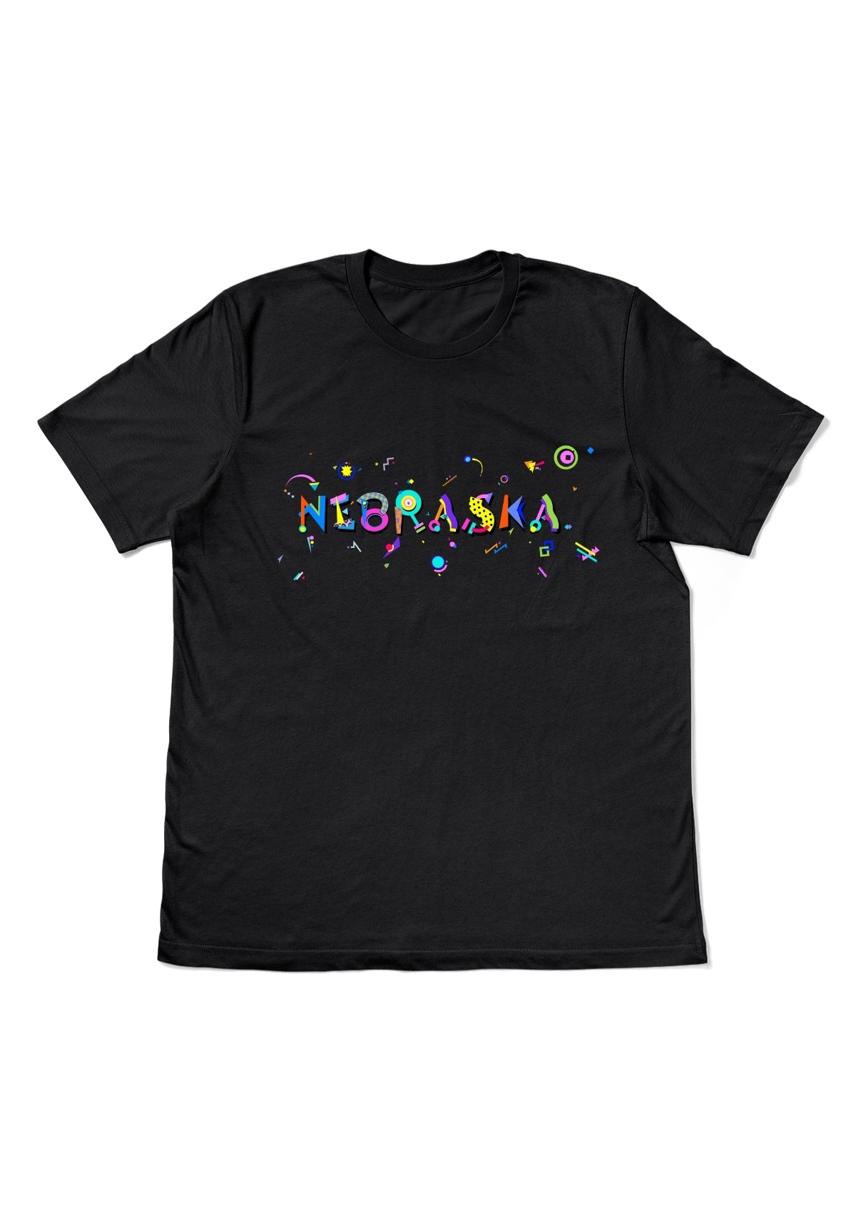 NEBRASKA, printed colorful Memphis style font black flat tee