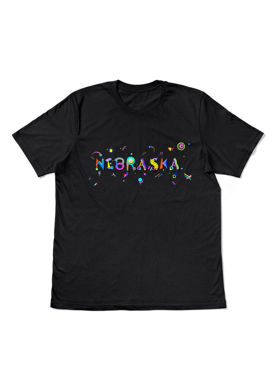 NEBRASKA, printed colorful Memphis style font black flat tee