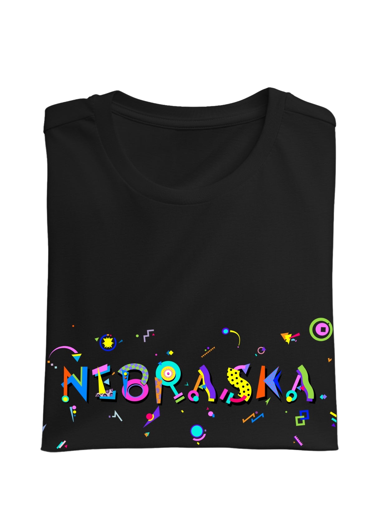 NEBRASKA, printed colorful Memphis font black folded tee