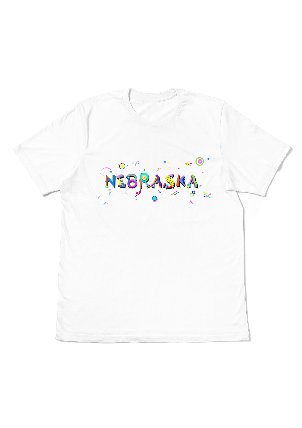 NEBRASKA, printed colorful Memphis font white flat tee