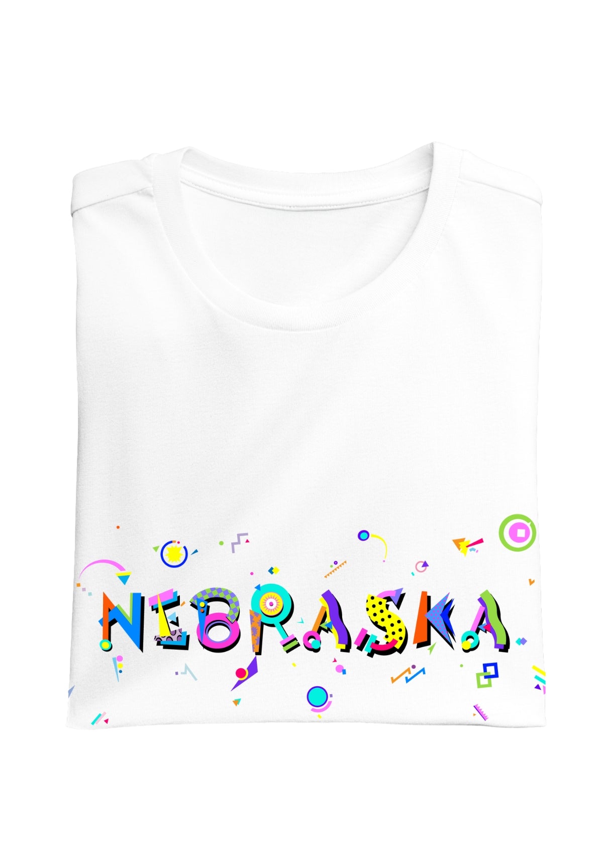 NEBRASKA printed in colorful letters - Memphis style fonts - white-folded-tee