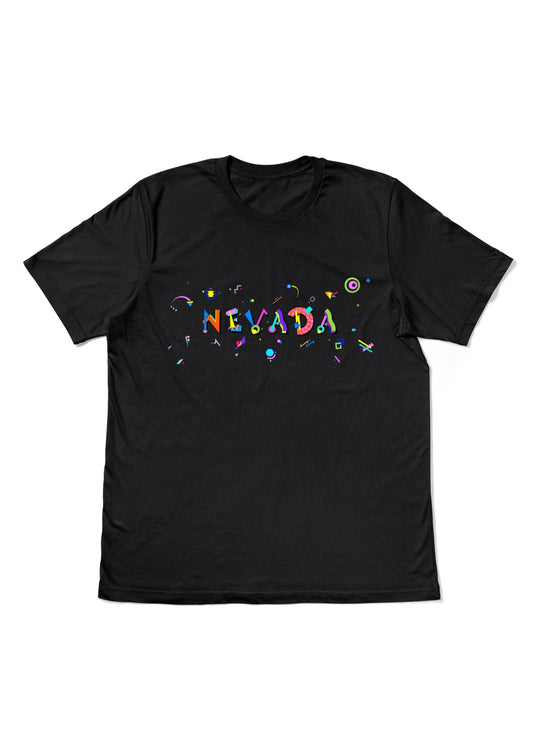 NEVADA, printed colorful Memphis style font black flat tee