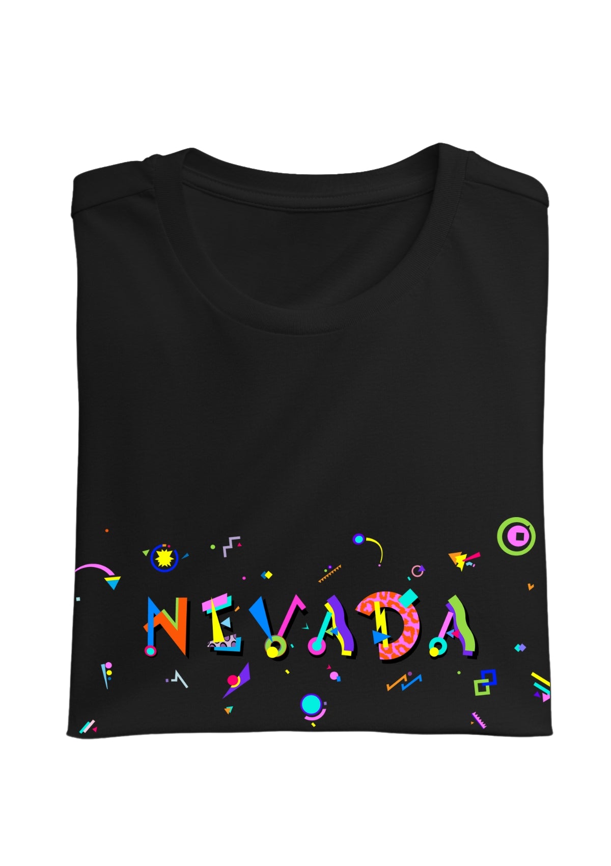NEVADA, printed colorful Memphis font black folded tee