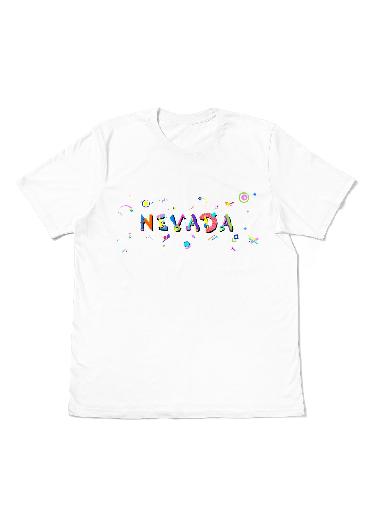 NEVADA, printed colorful Memphis font white flat tee