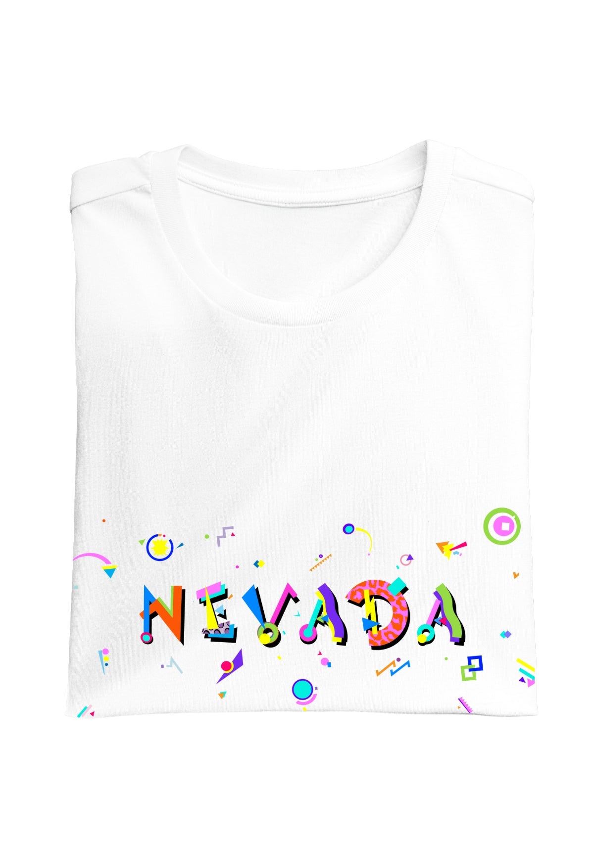 NEVADA printed in colorful letters - Memphis style fonts - white-folded-tee