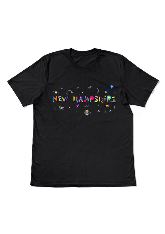 NEW HAMPSHIRE, printed colorful Memphis style font black flat tee