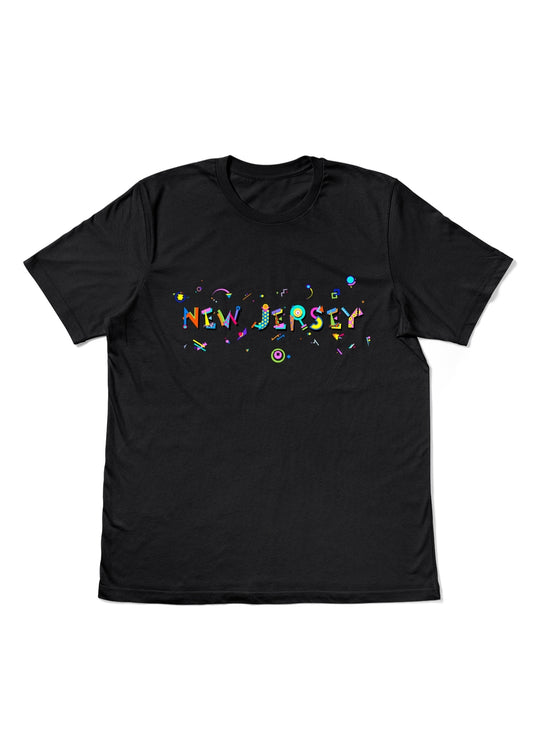 NEW JERSEY, printed colorful Memphis style font black flat tee