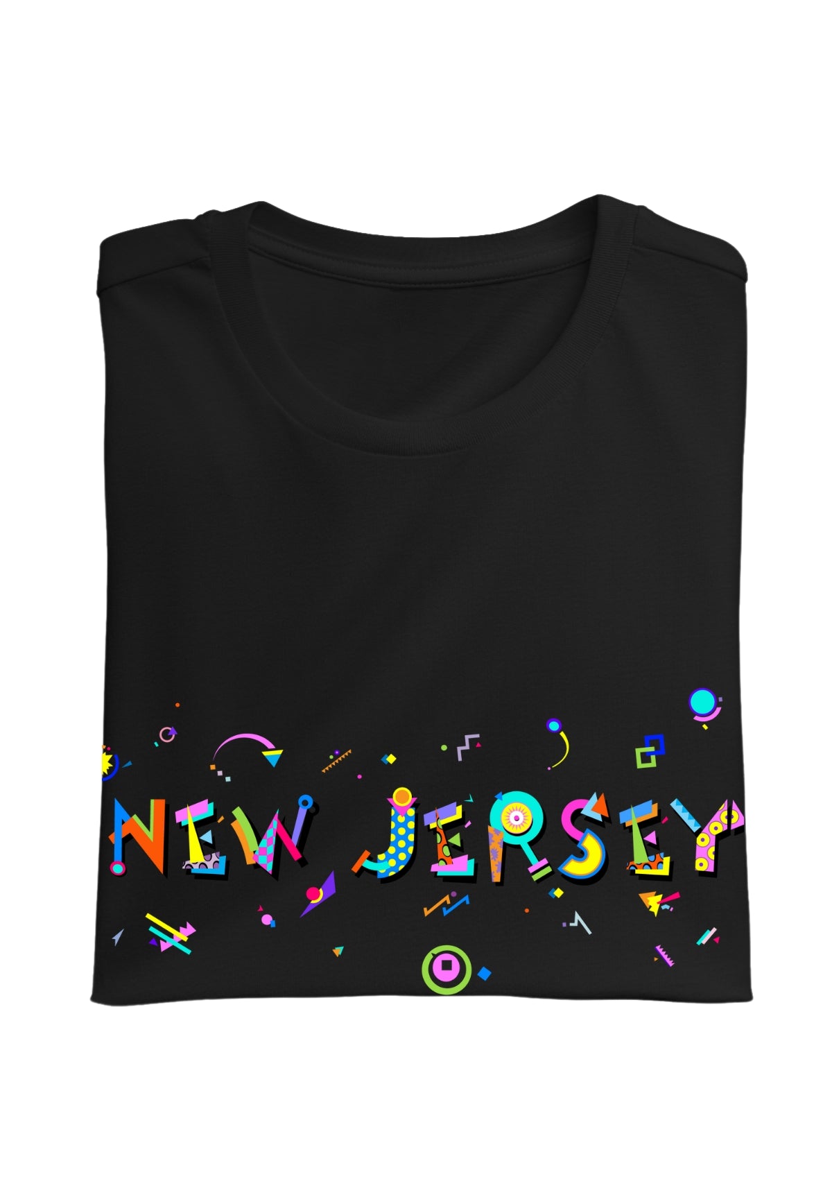 NEW JERSEY, printed colorful Memphis font black folded tee