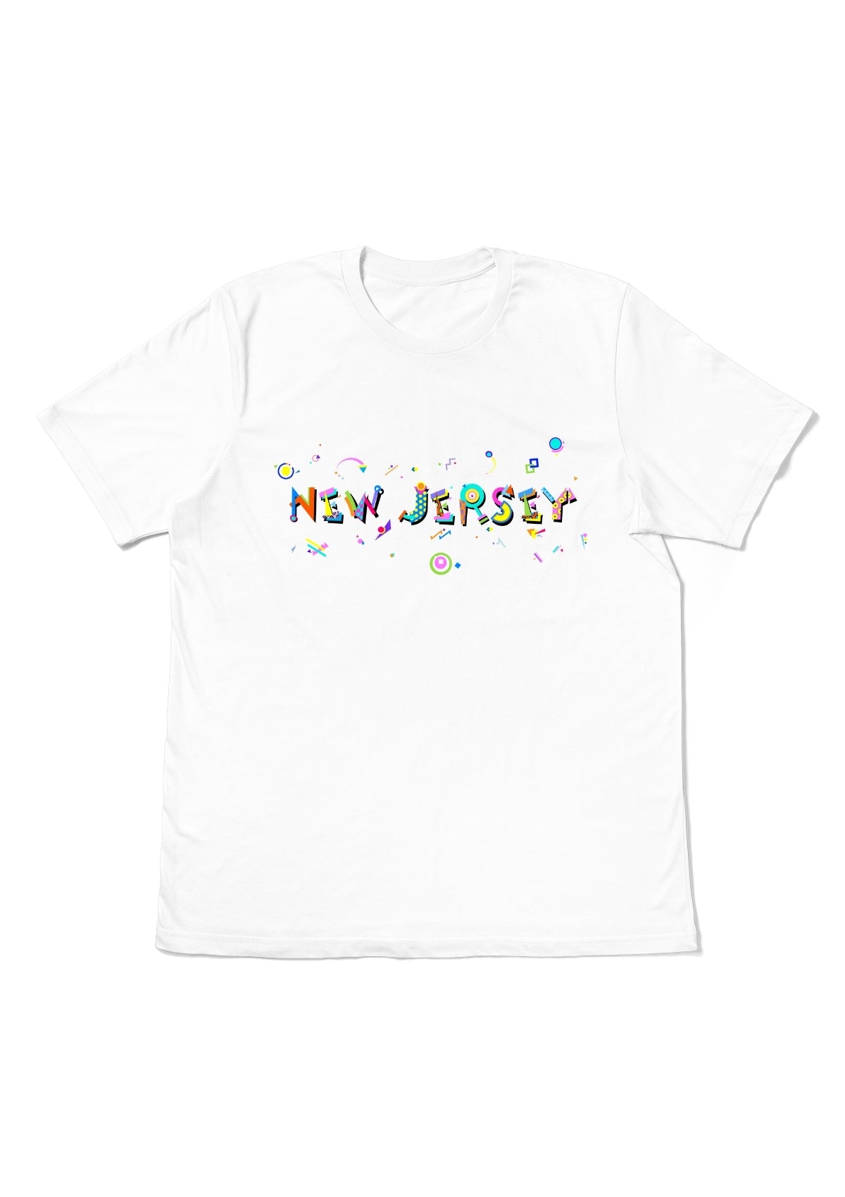 NEW JERSEY, printed colorful Memphis font white flat tee
