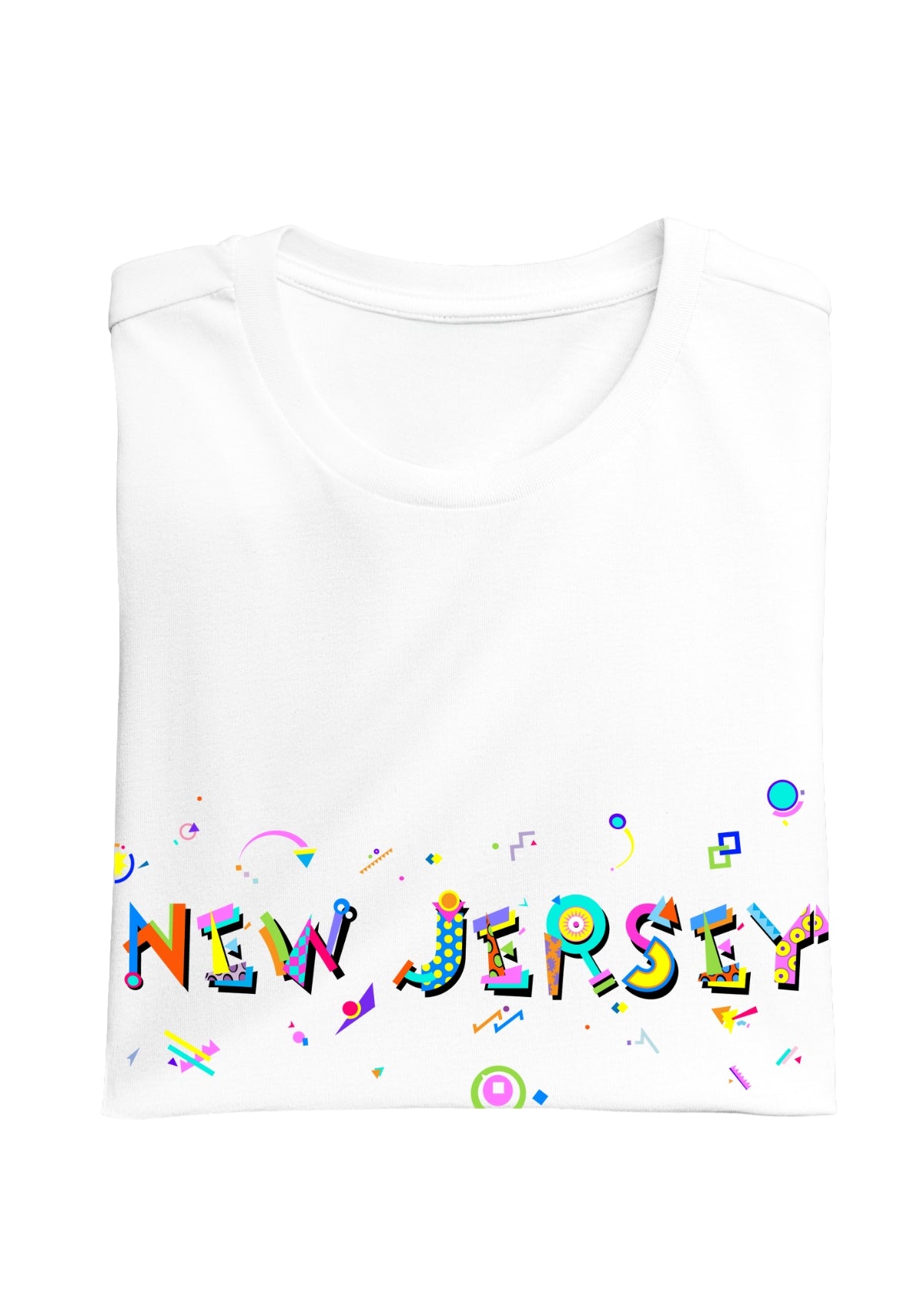 NEW JERSEY printed in colorful letters - Memphis style fonts - white-folded-tee