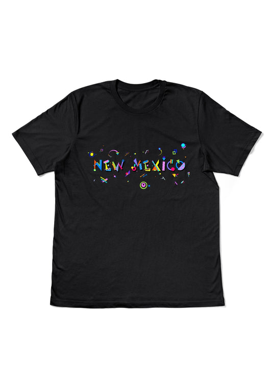 NEW MEXICO, printed colorful Memphis style font black flat tee