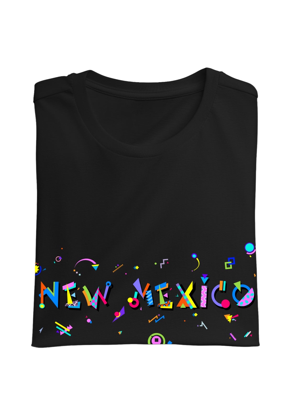 NEW MEXICO, printed colorful Memphis font black folded tee