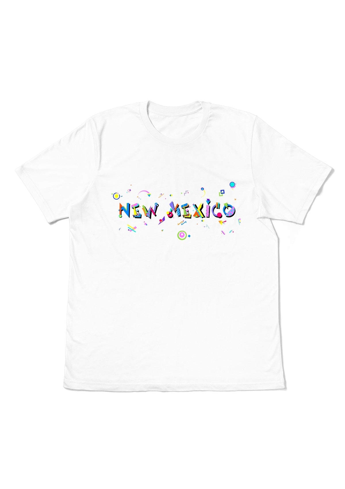 NEW MEXICO, printed colorful Memphis font white flat tee