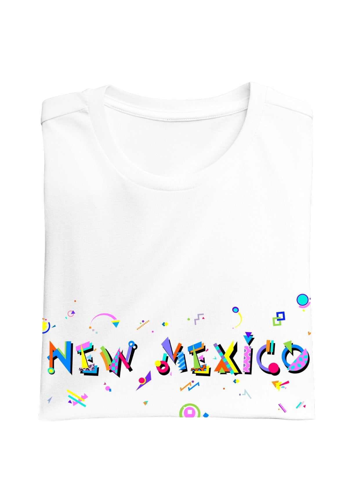 NEW MEXICO printed in colorful letters - Memphis style fonts - white-folded-tee