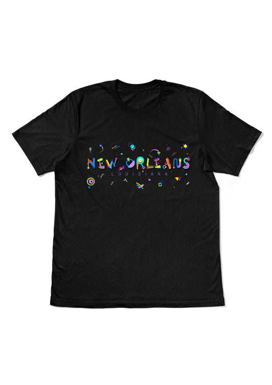 NEW ORLEANS, LOUISIANA, printed colorful Memphis style font black flat tee