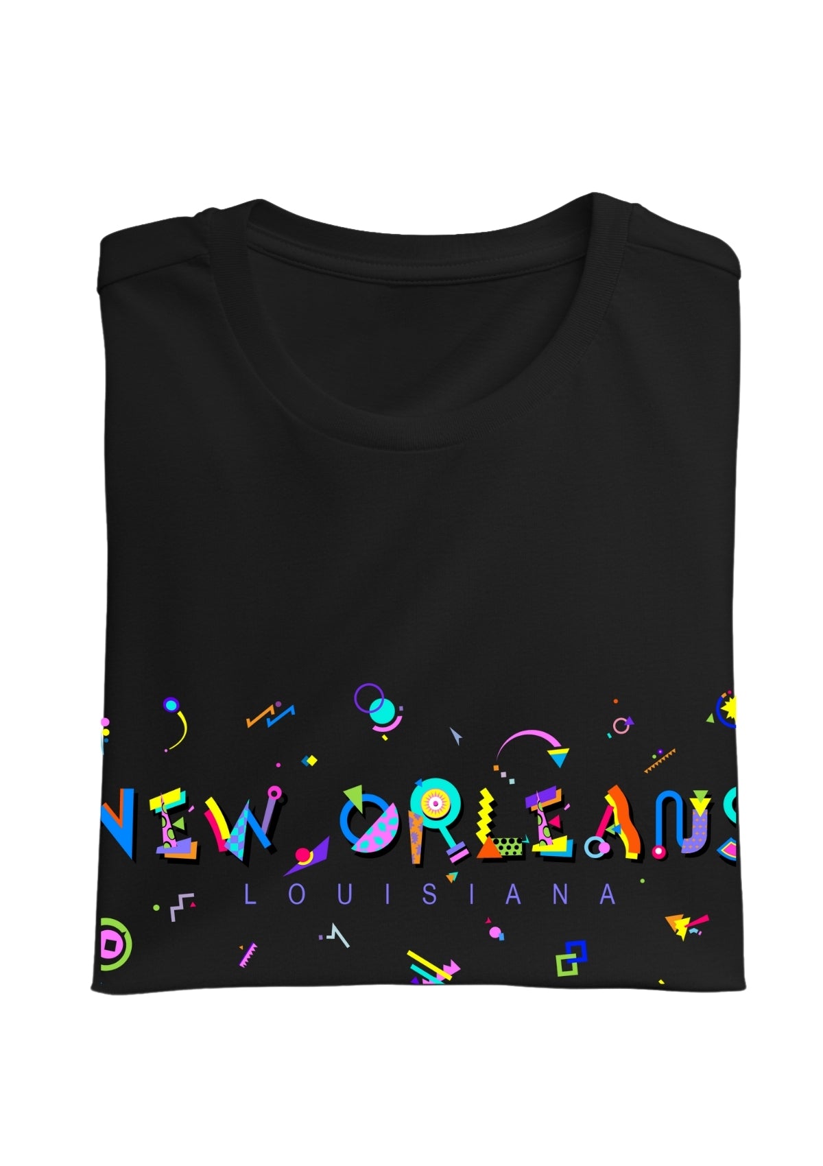 NEW ORLEANS, LOUISIANA, printed colorful Memphis font black folded tee