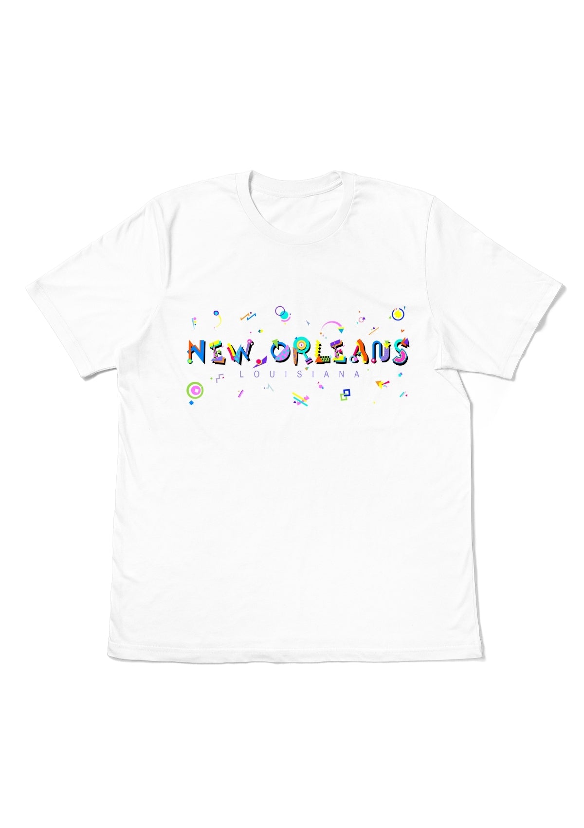 NEW ORLEANS, LOUISIANA, printed colorful Memphis font white flat tee