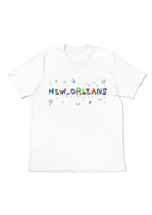 NEW ORLEANS, LOUISIANA, printed colorful Memphis font white flat tee