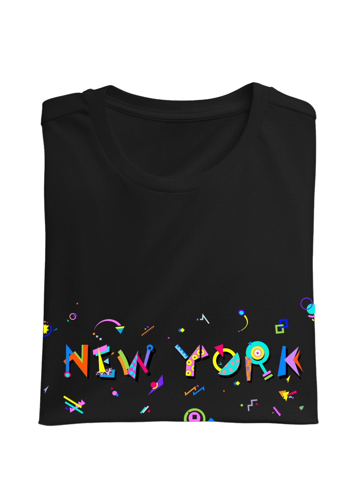 NEW YORK, printed colorful Memphis font black folded tee