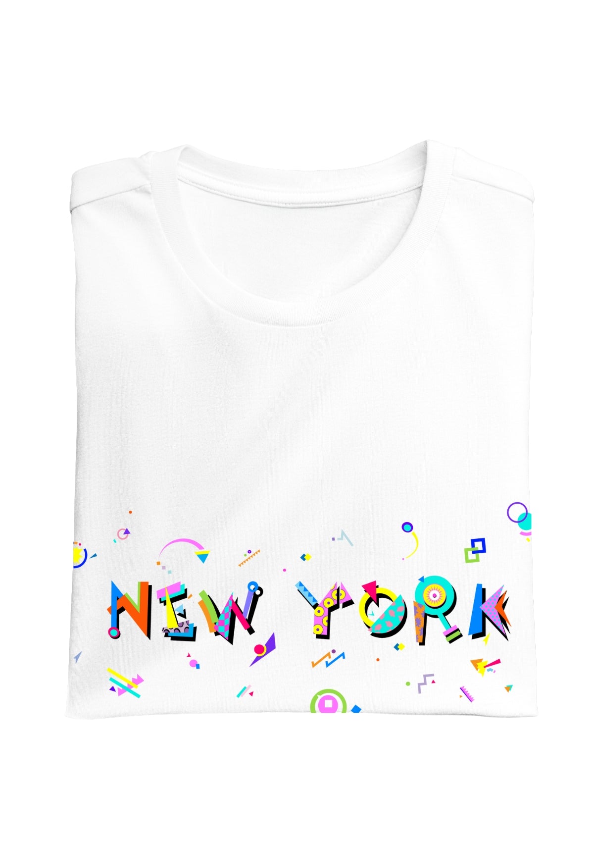 NEW YORK printed in colorful letters - Memphis style fonts - white-folded-tee