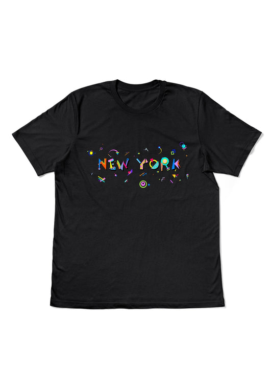 NEW YORK, printed colorful Memphis style font black flat tee