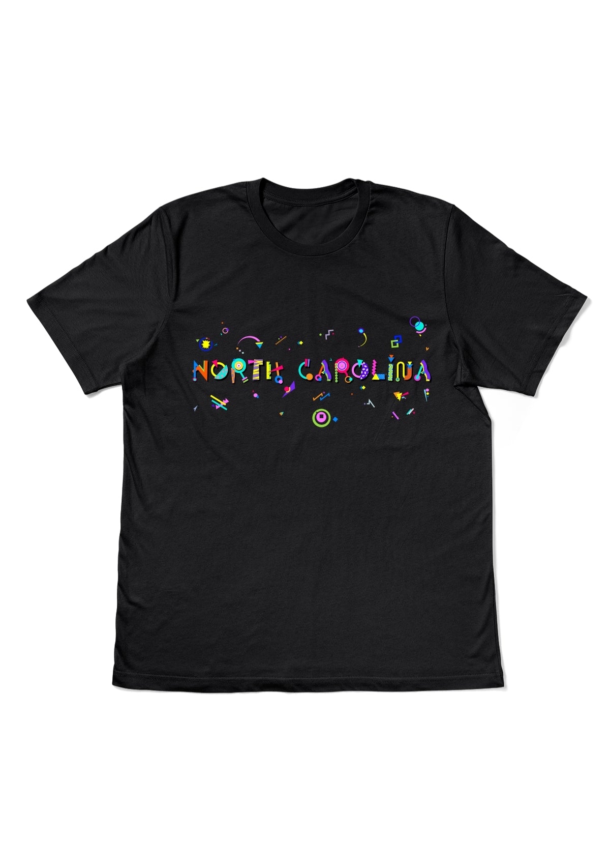 NORTH CAROLINA, printed colorful Memphis style font black flat tee