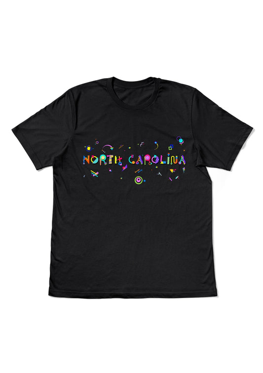 NORTH CAROLINA, printed colorful Memphis style font black flat tee