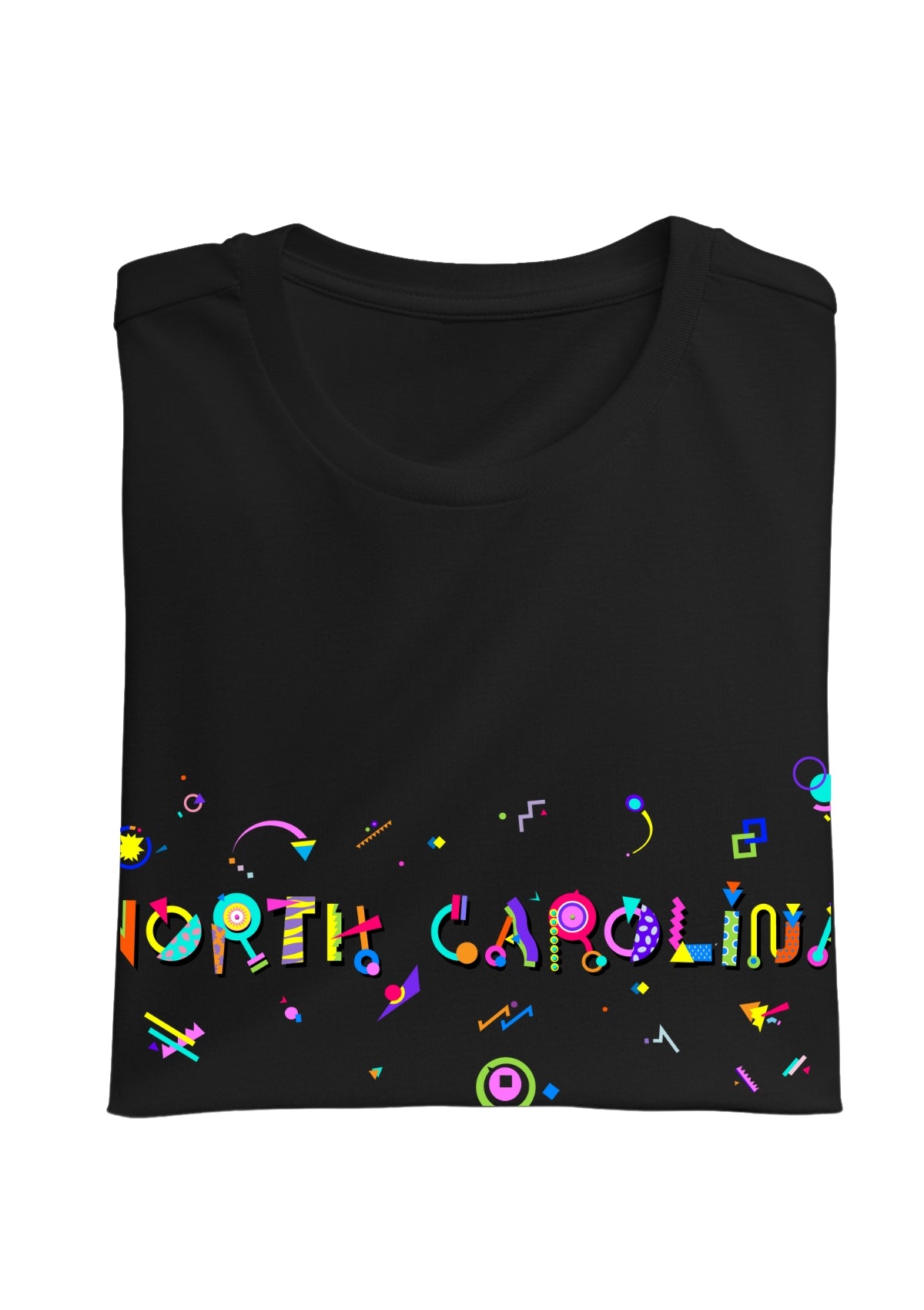 NORTH CAROLINA, printed colorful Memphis font black folded tee