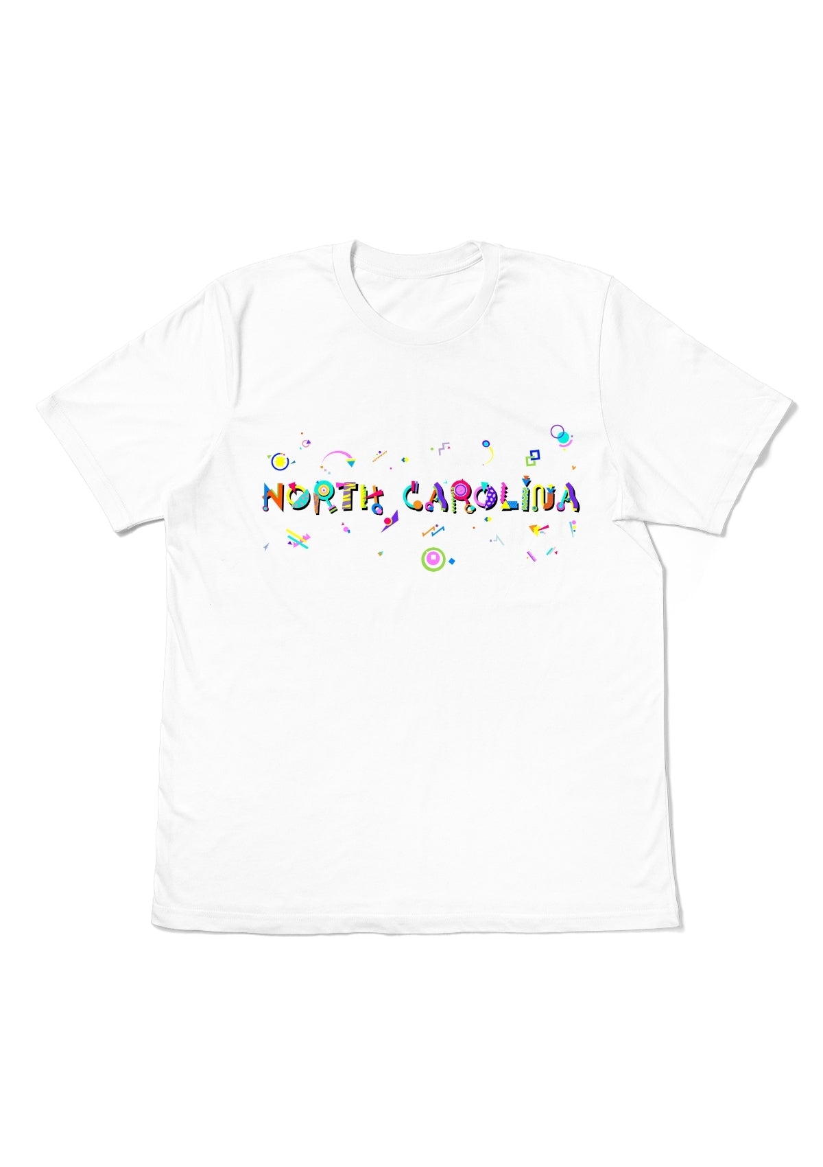 NORTH CAROLINA, printed colorful Memphis font white flat tee