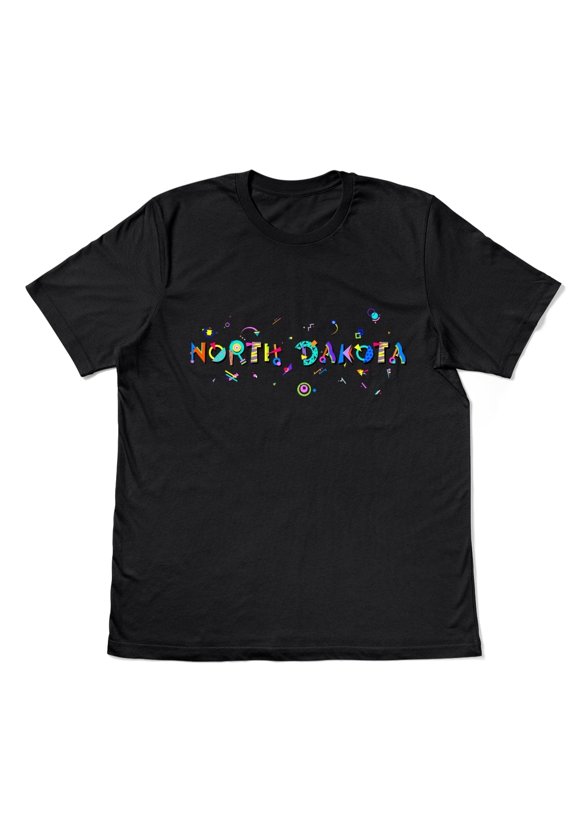 NORTH DAKOTA, printed colorful Memphis style font black flat tee