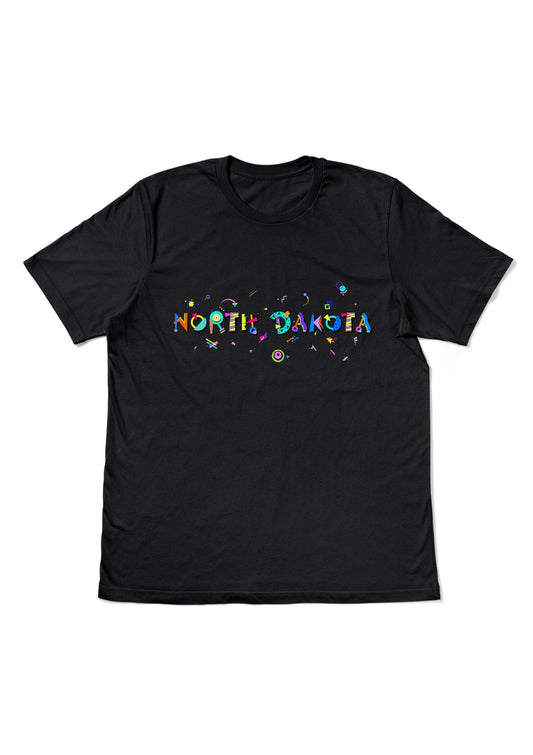 NORTH DAKOTA, printed colorful Memphis style font black flat tee