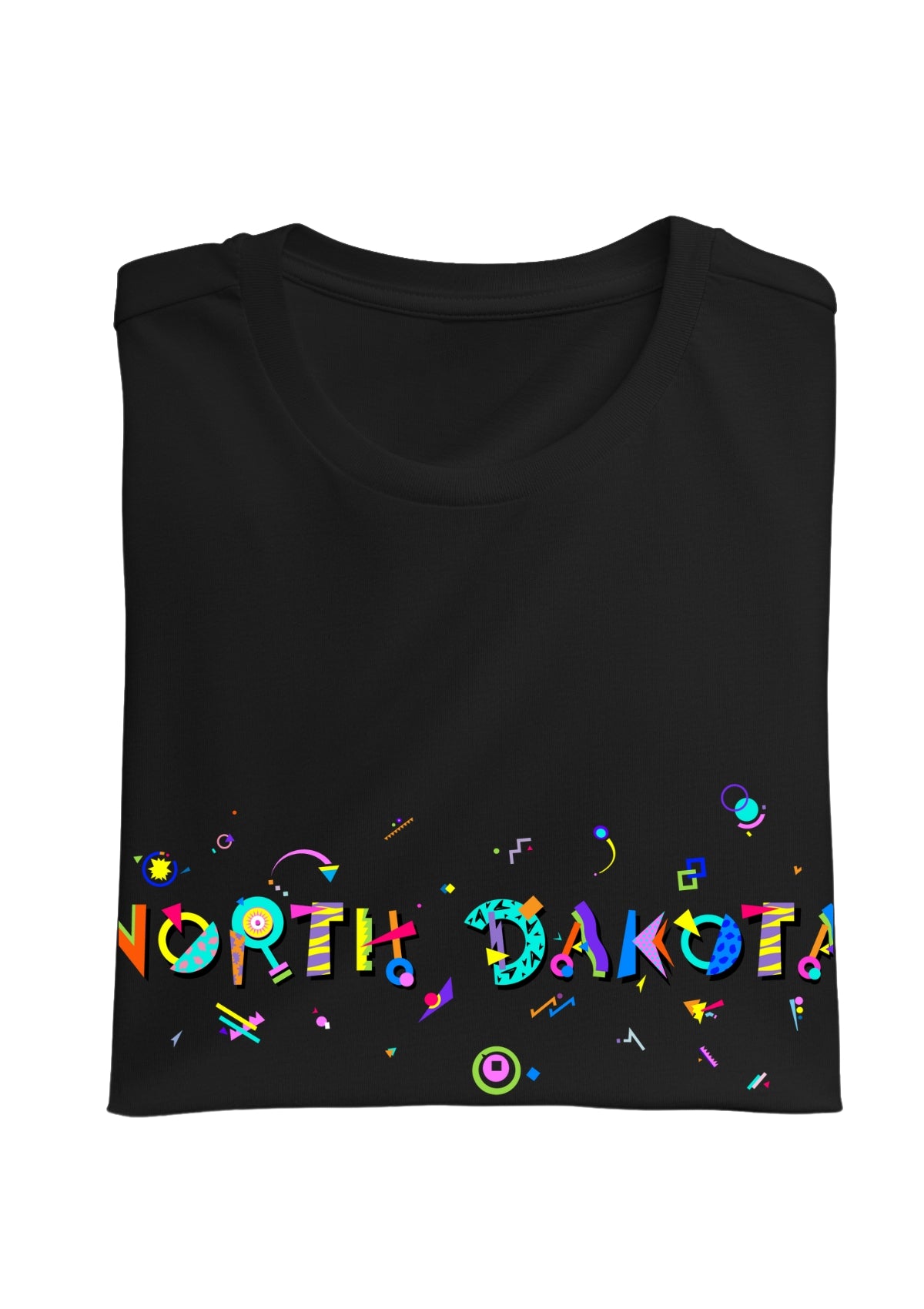NORTH DAKOTA, printed colorful Memphis font black folded tee