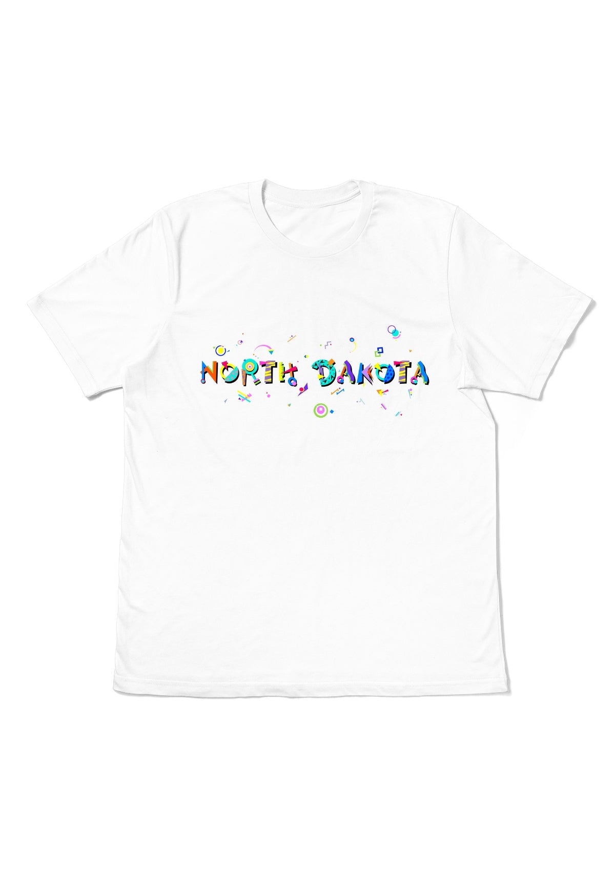NORTH DAKOTA, printed colorful Memphis font white flat tee