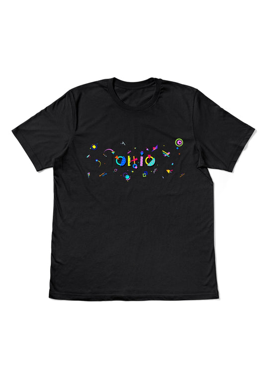 OHIO, printed colorful Memphis style font black flat tee