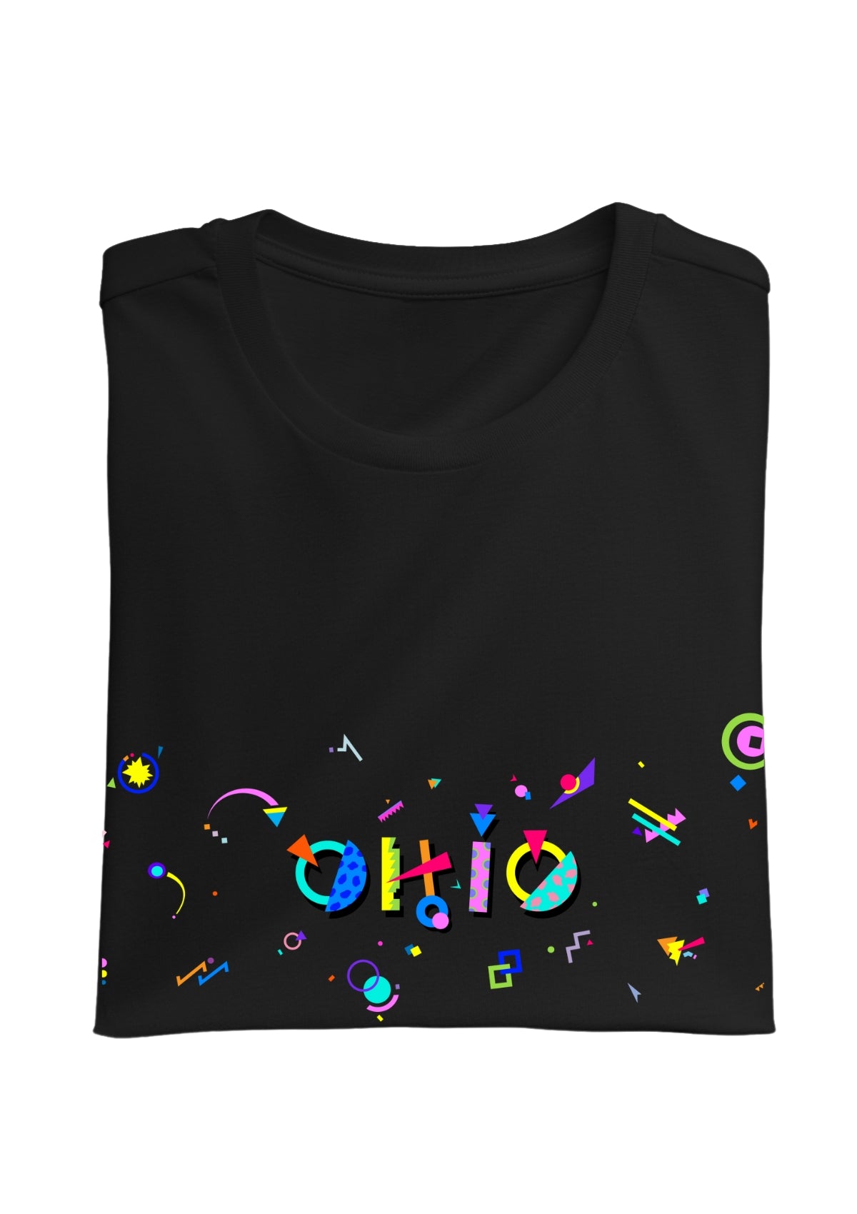 OHIO, printed colorful Memphis font black folded tee