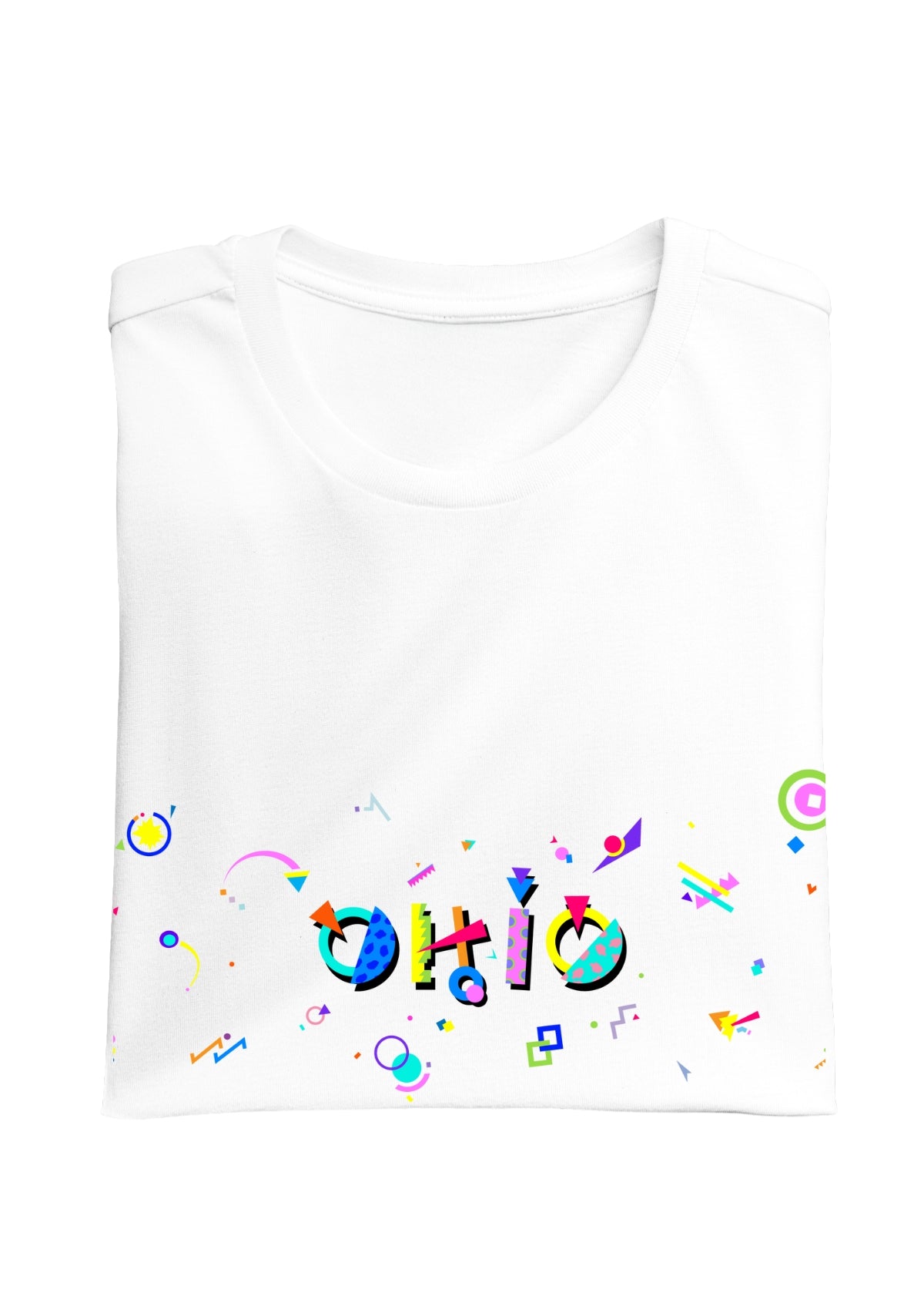 OHIO printed in colorful letters - Memphis style fonts - white-folded-tee