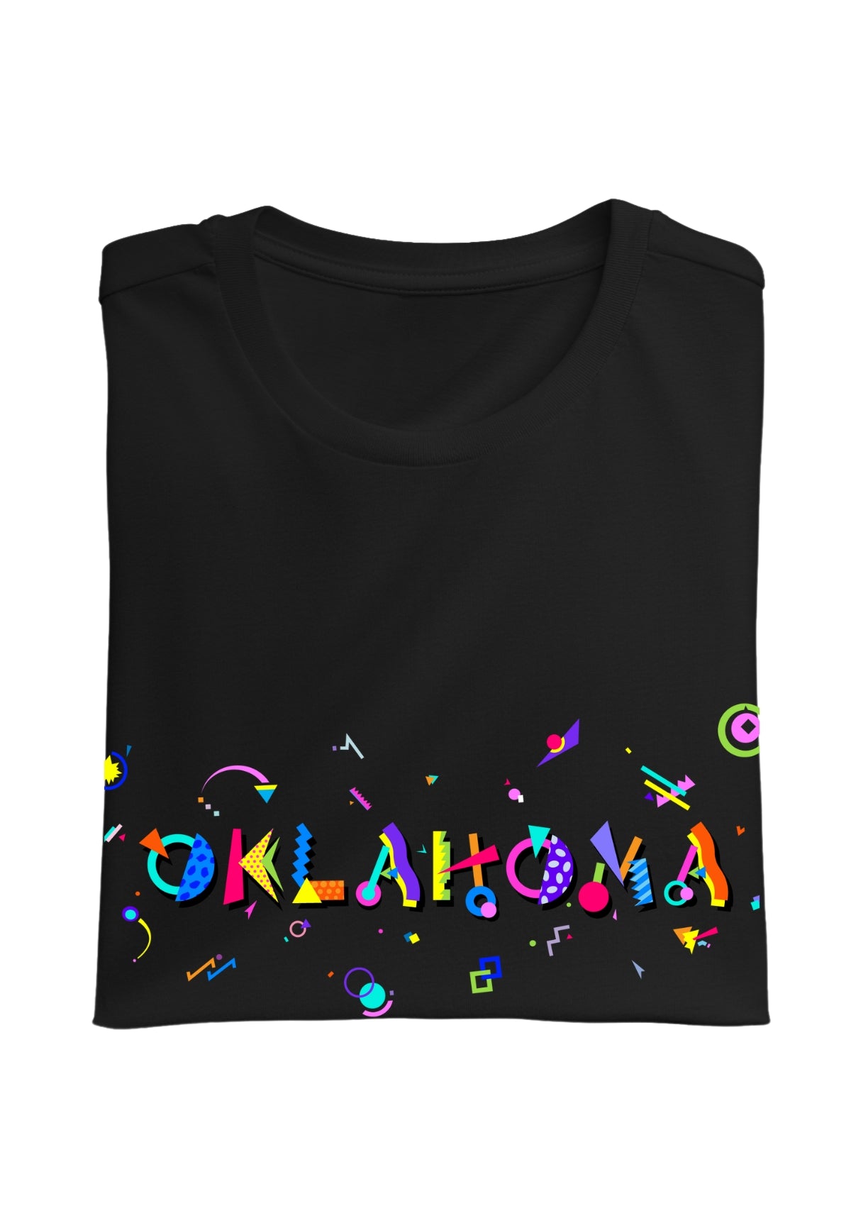 OKLAHOMA, printed colorful Memphis font black folded tee