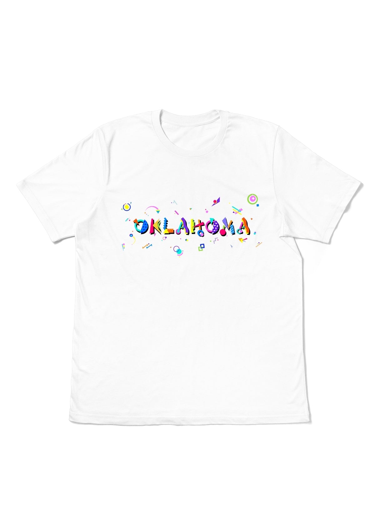 OKLAHOMA, printed colorful Memphis font white flat tee