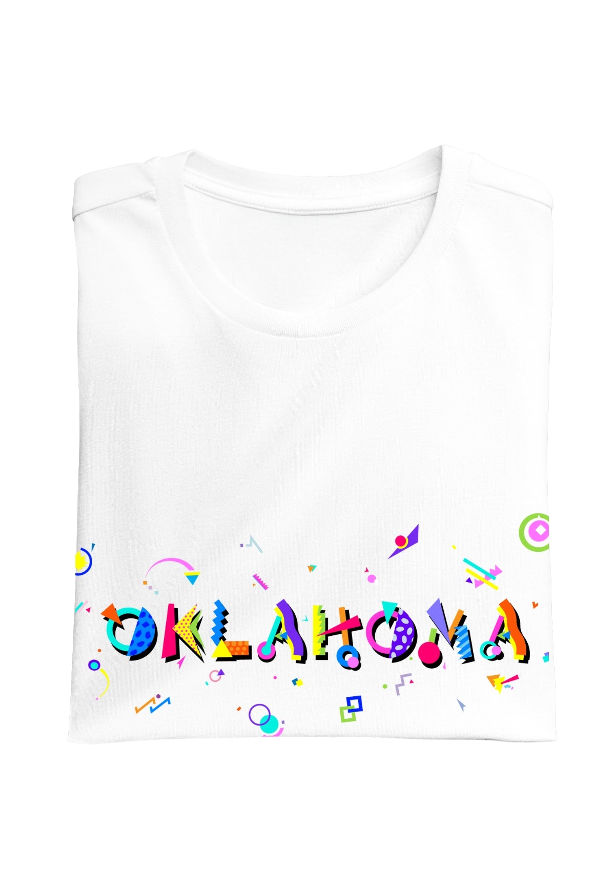 OKLAHOMA printed in colorful letters - Memphis style fonts - white-folded-tee
