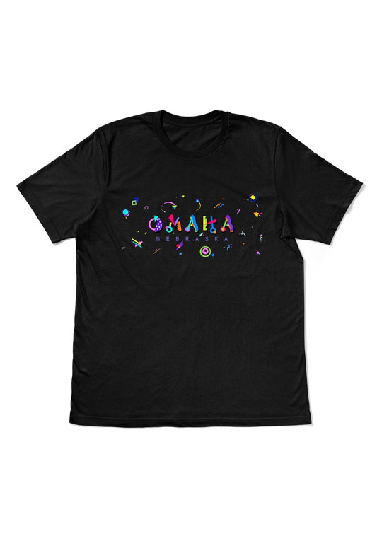 OMAHA, NEBRASKA, printed colorful Memphis style font black flat tee