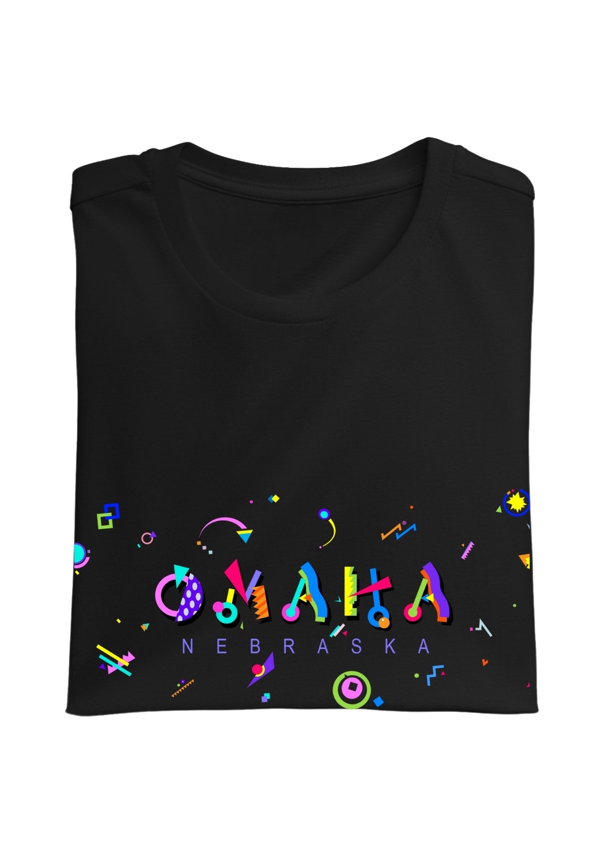 OMAHA, NEBRASKA, printed colorful Memphis font black folded tee
