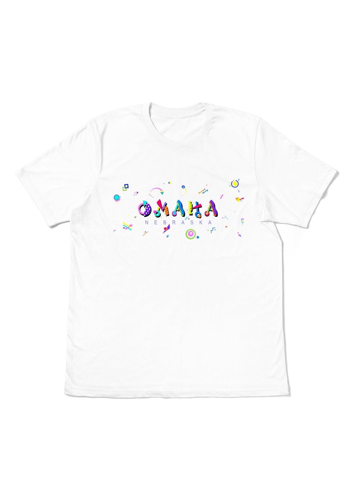 OMAHA, NEBRASKA, printed colorful Memphis font white flat tee