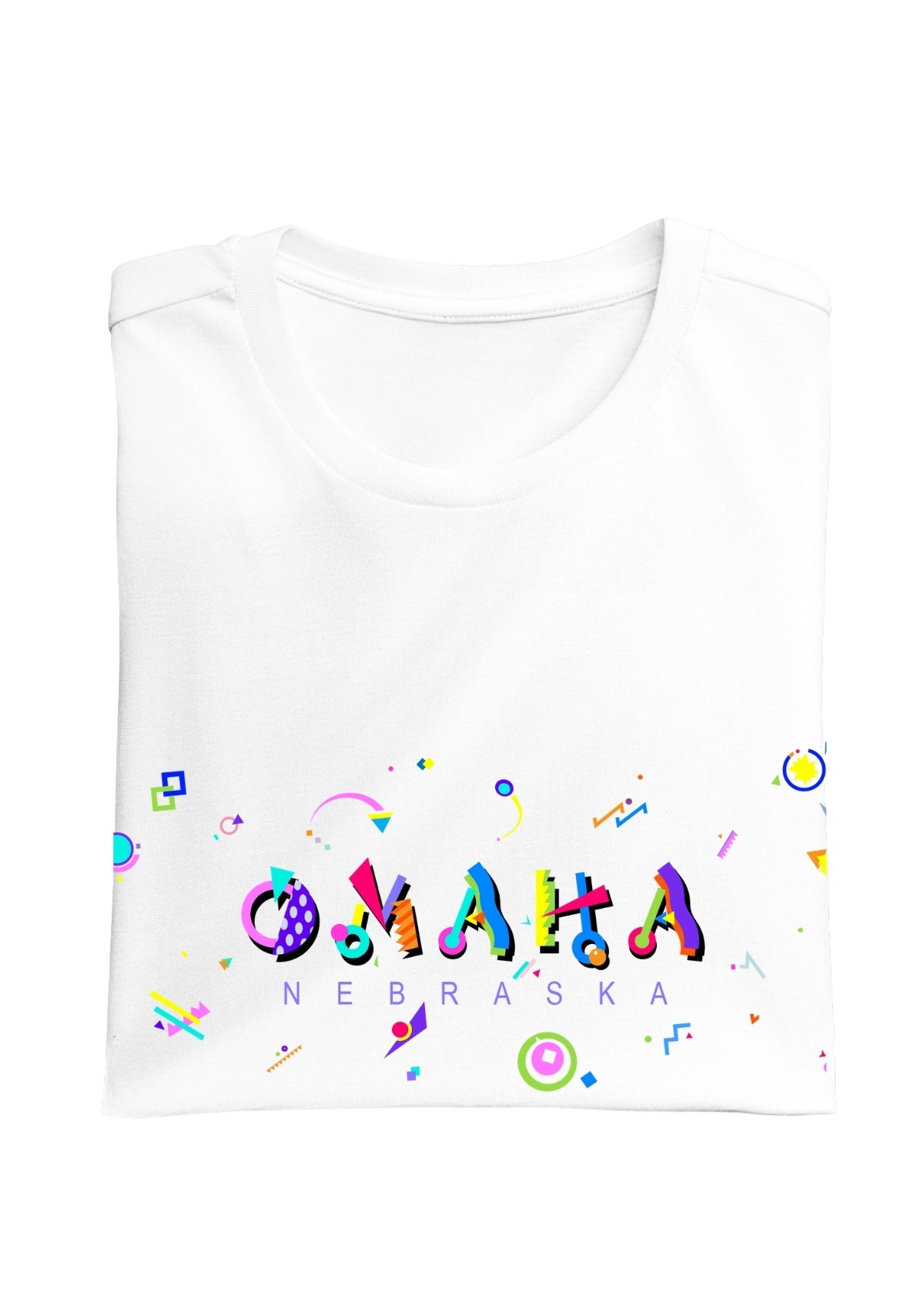OMAHA, NEBRASKA, colorful Memphis Style Font on white folded tee