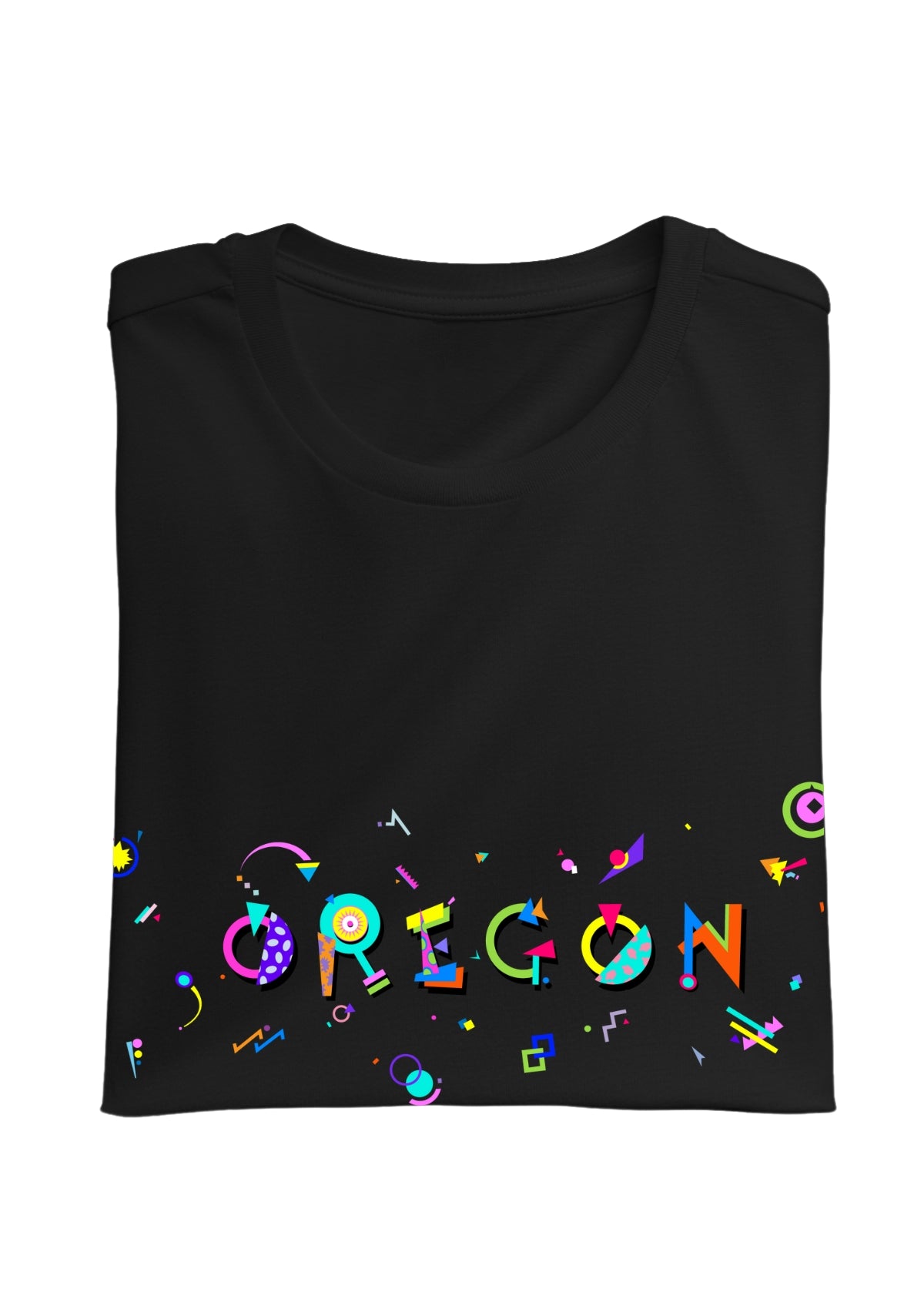 OREGON, printed colorful Memphis font black folded tee