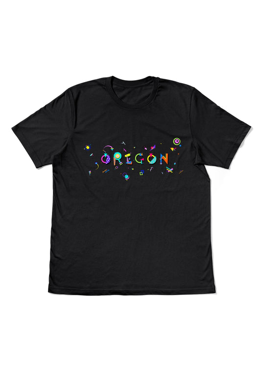 OREGON, printed colorful Memphis style font black flat tee
