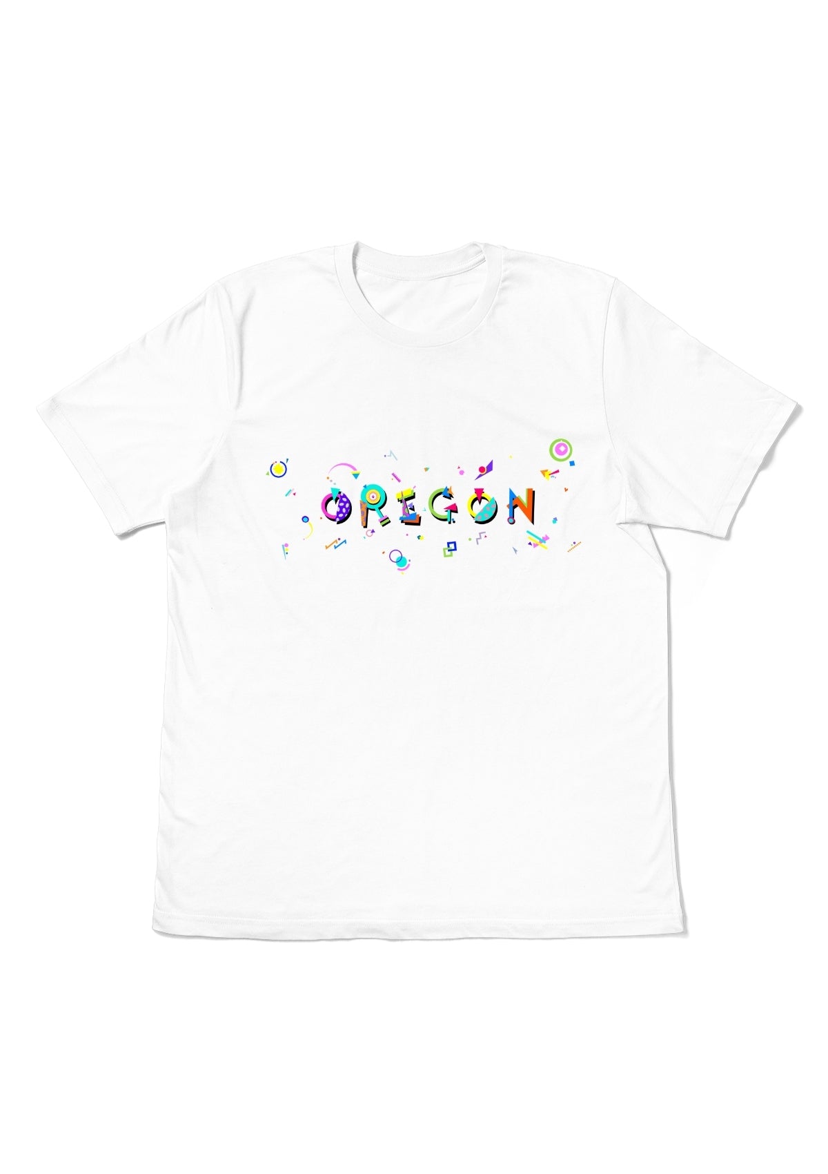 OREGON, printed colorful Memphis font white flat tee