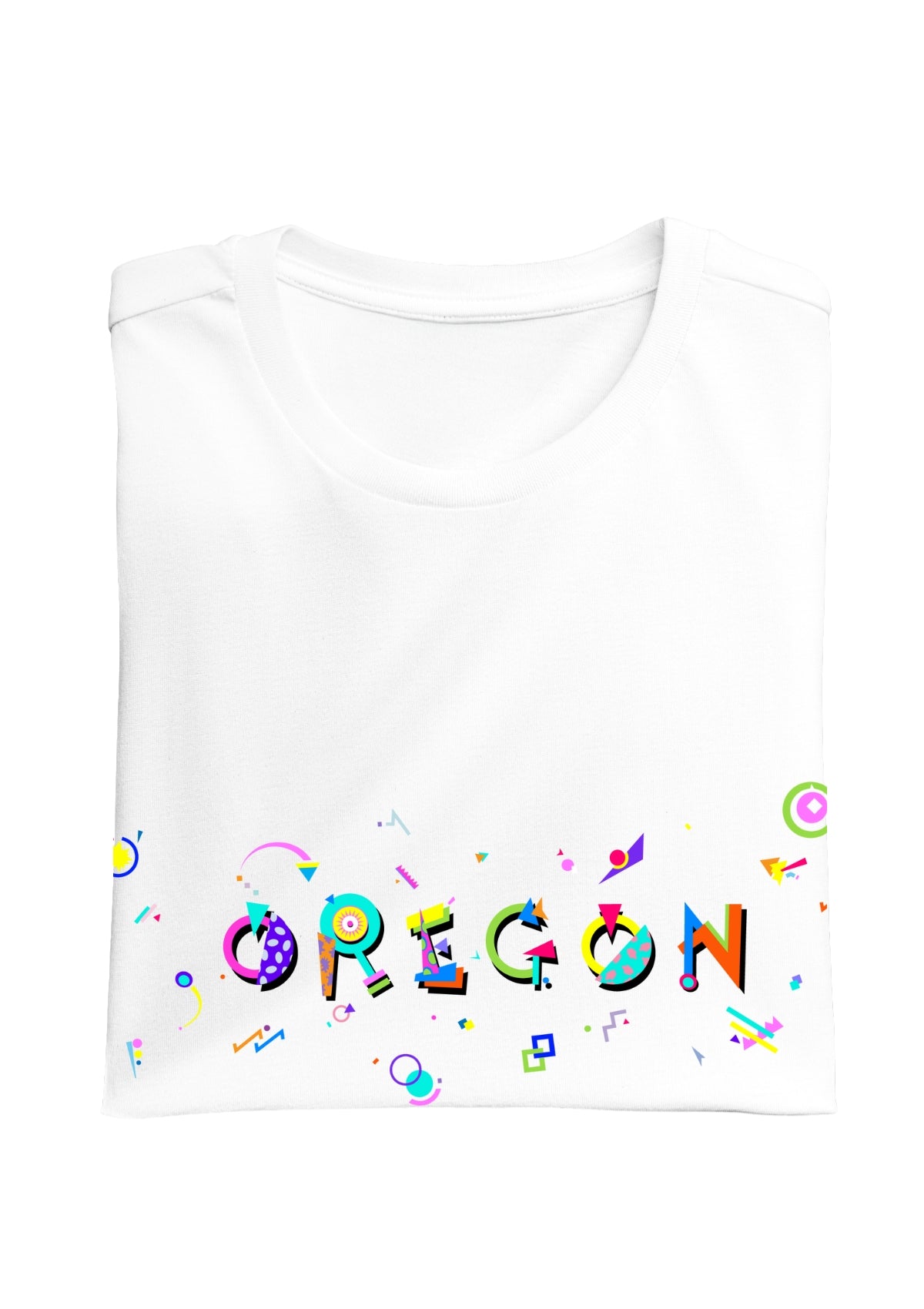 OREGON printed in colorful letters - Memphis style fonts - white-folded-tee